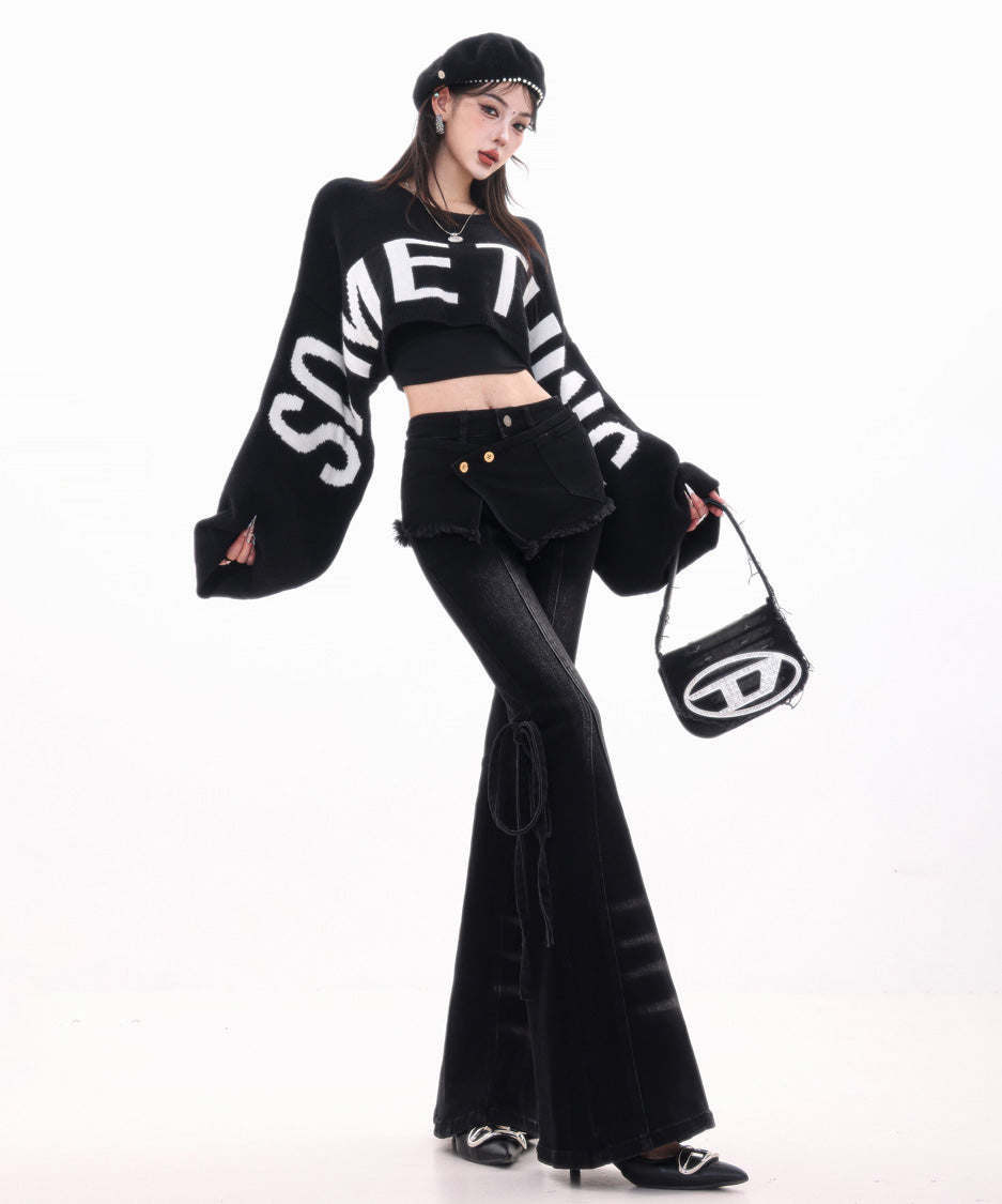 Wrap Layer Lace-Up Flare Denim Pants