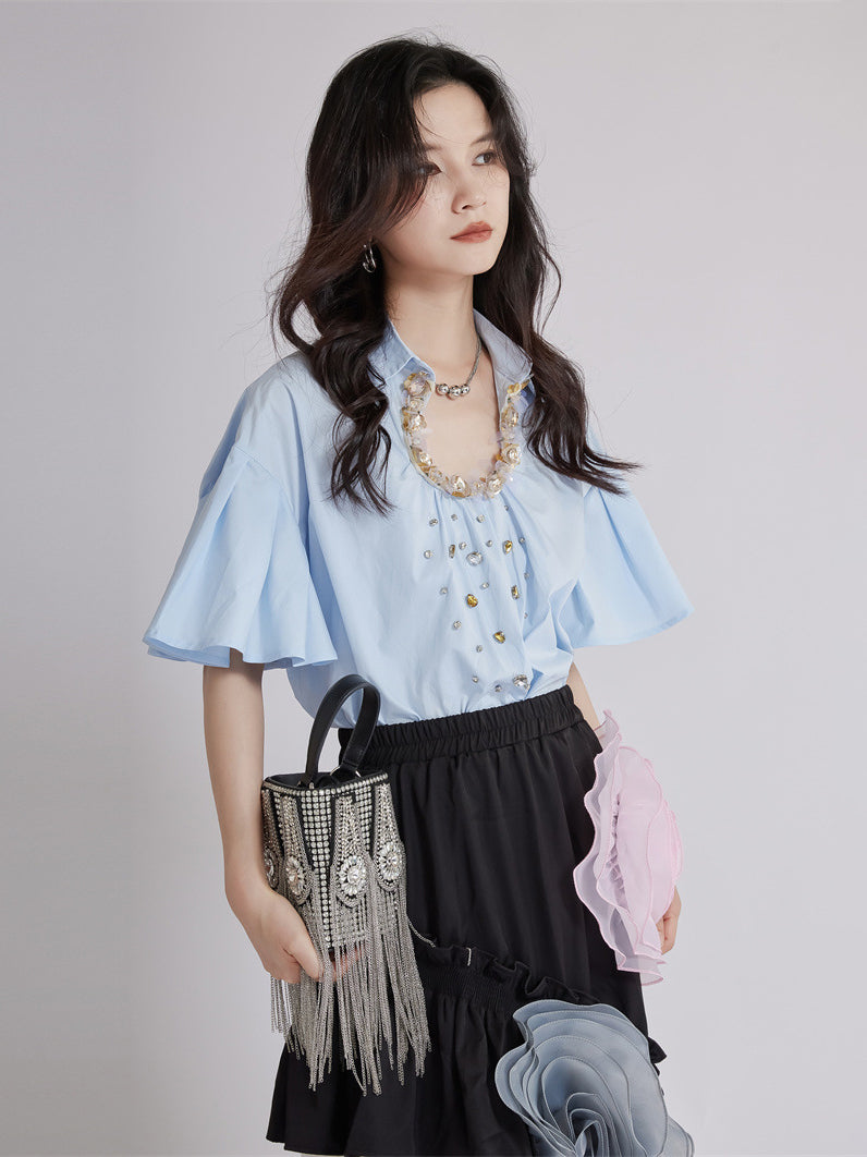 Beaded Collar Flare Blouse
