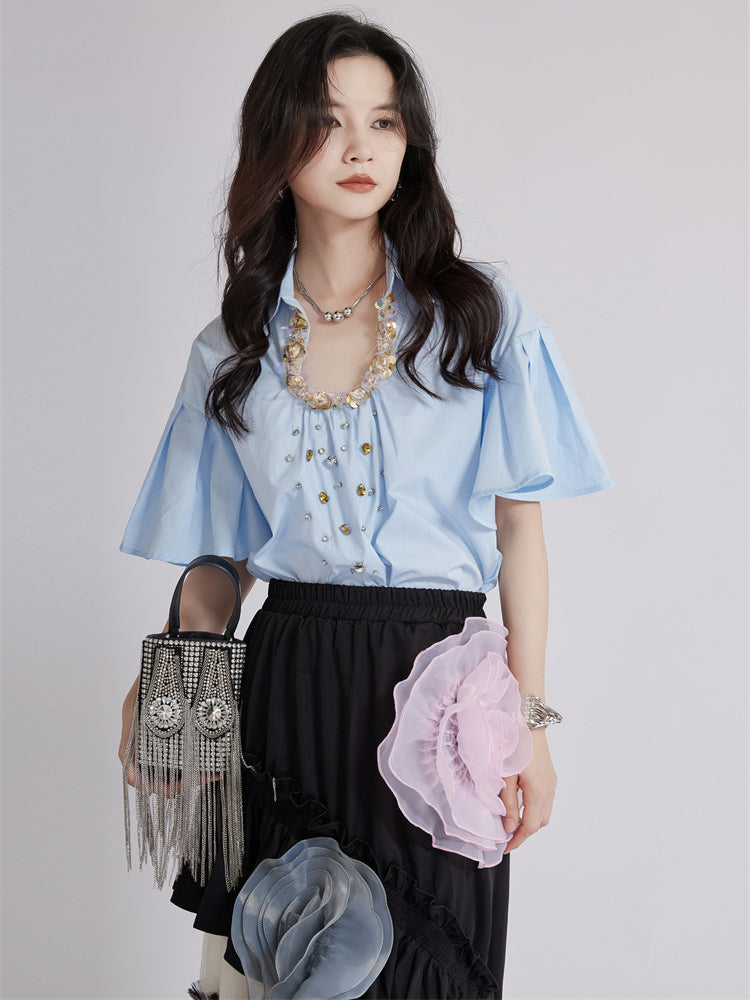 Beaded Collar Flare Blouse