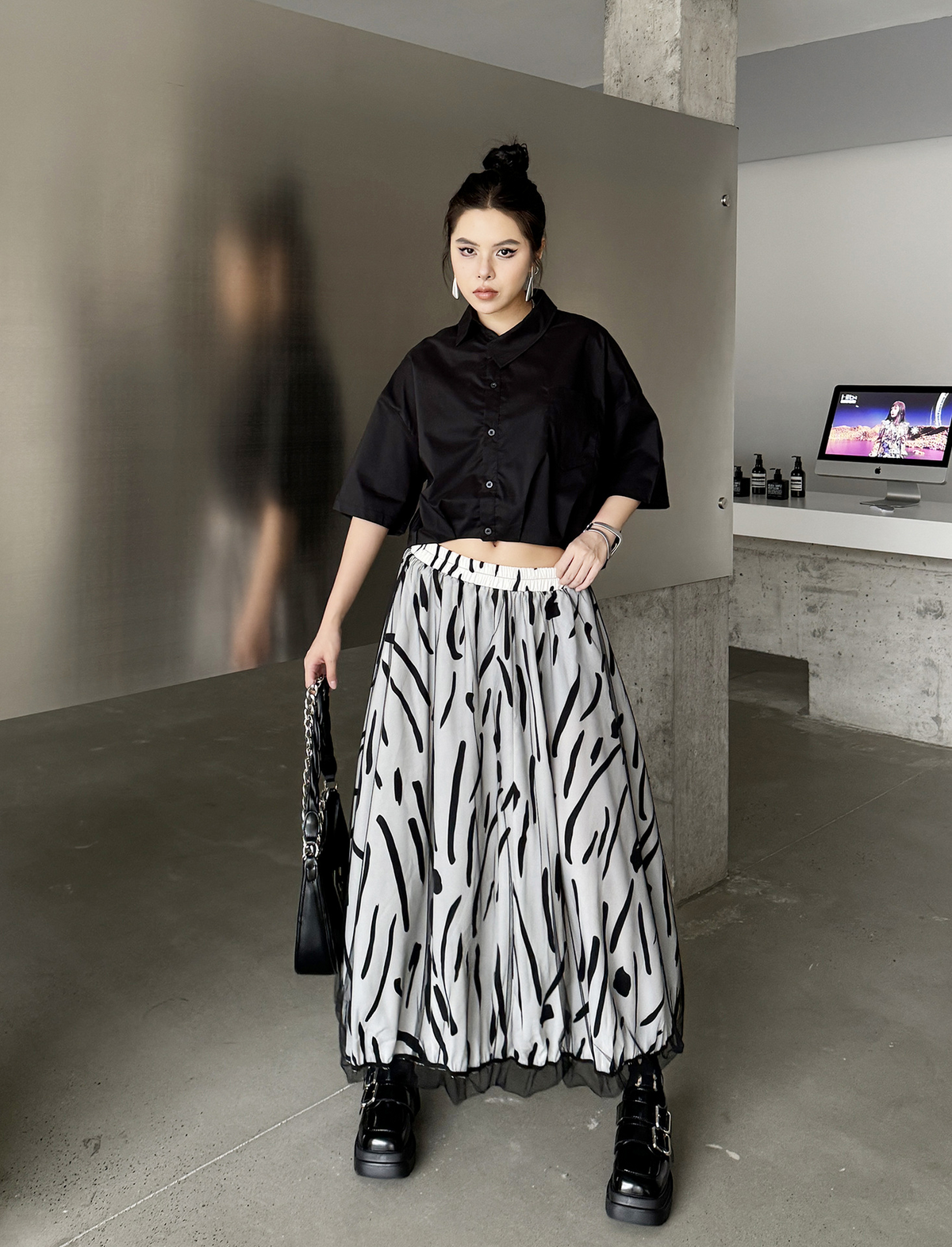 Abstract Mesh Flare Skirt
