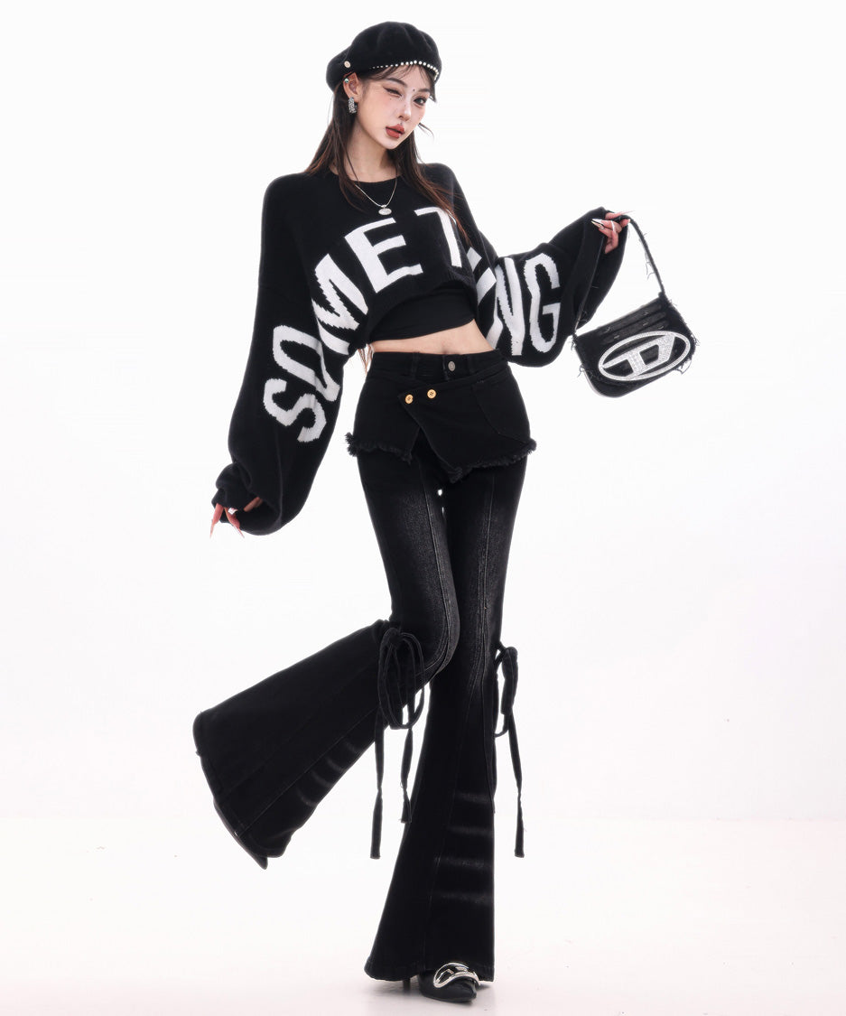 Wrap Layer Lace-Up Flare Denim Pants
