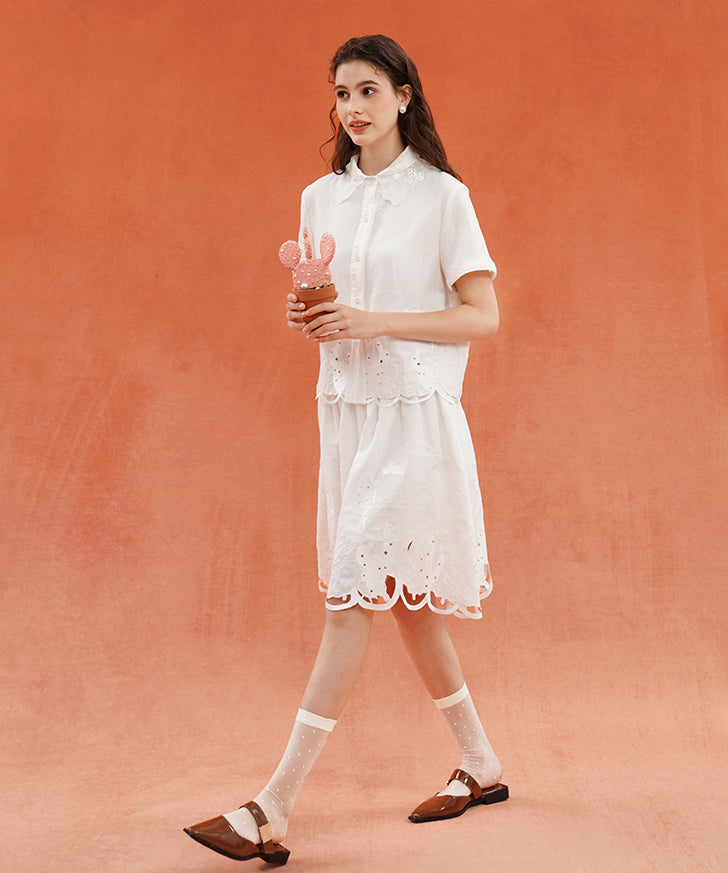 Embroidered Collar Short Sleeve Blouse