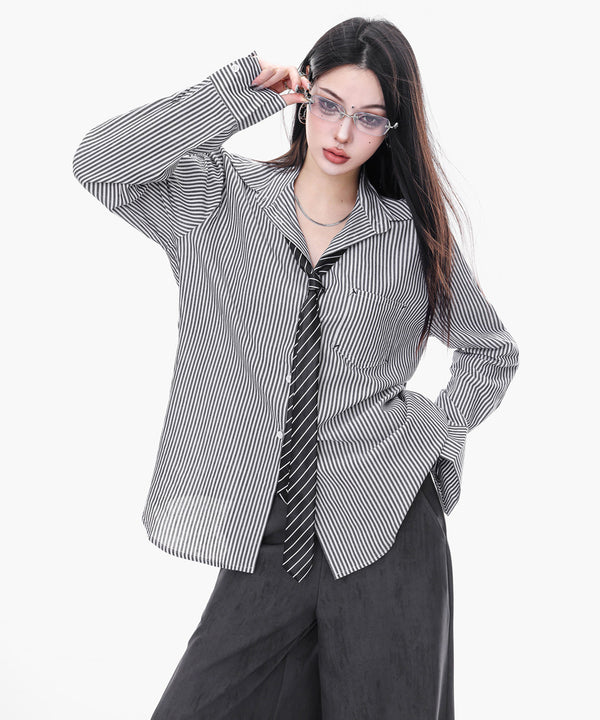 Pinstripe Tie Collar Shirt