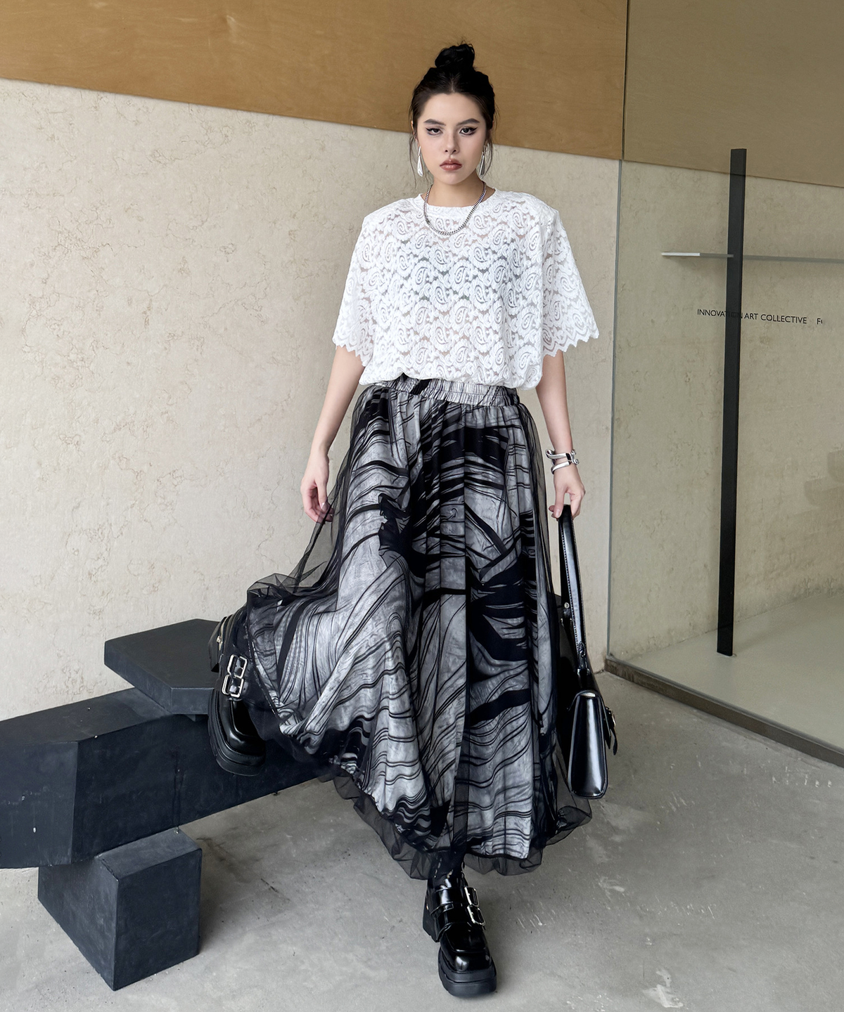 Abstract Mesh Flare Skirt