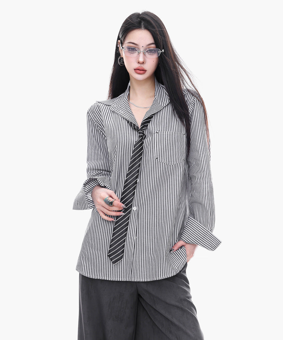 Pinstripe Tie Collar Shirt