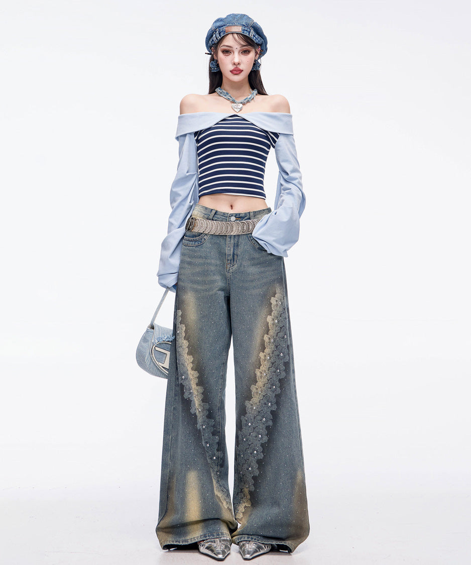 Crystal Dust Washed Wide Denim Pants