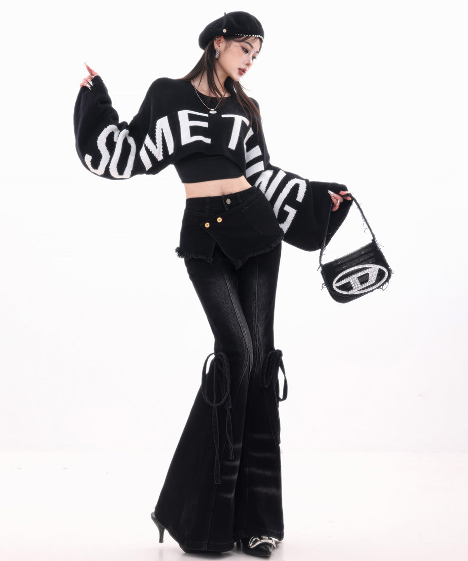 Wrap Layer Lace-Up Flare Denim Pants