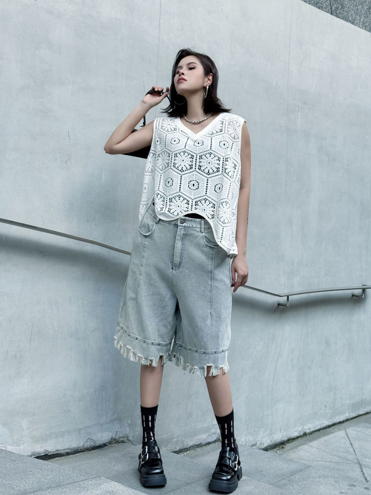 Raw Fringe Wide Denim Shorts
