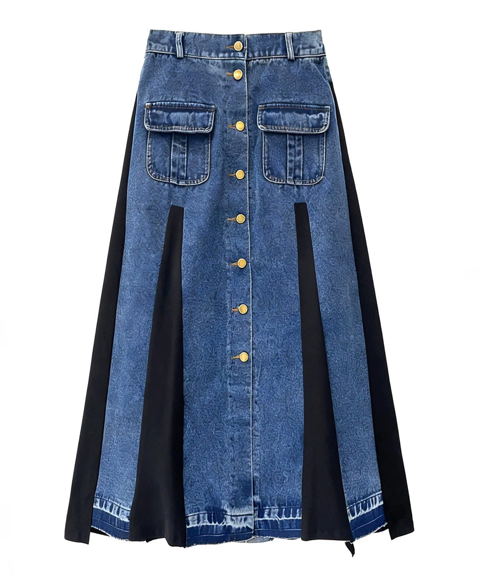 Contrast Panel Denim Flare Skirt
