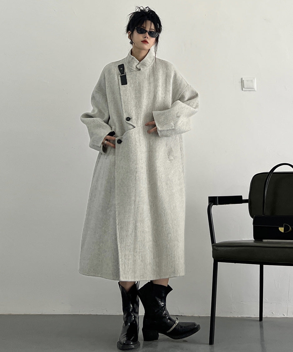 Asym Buckle Herringbone Coat
