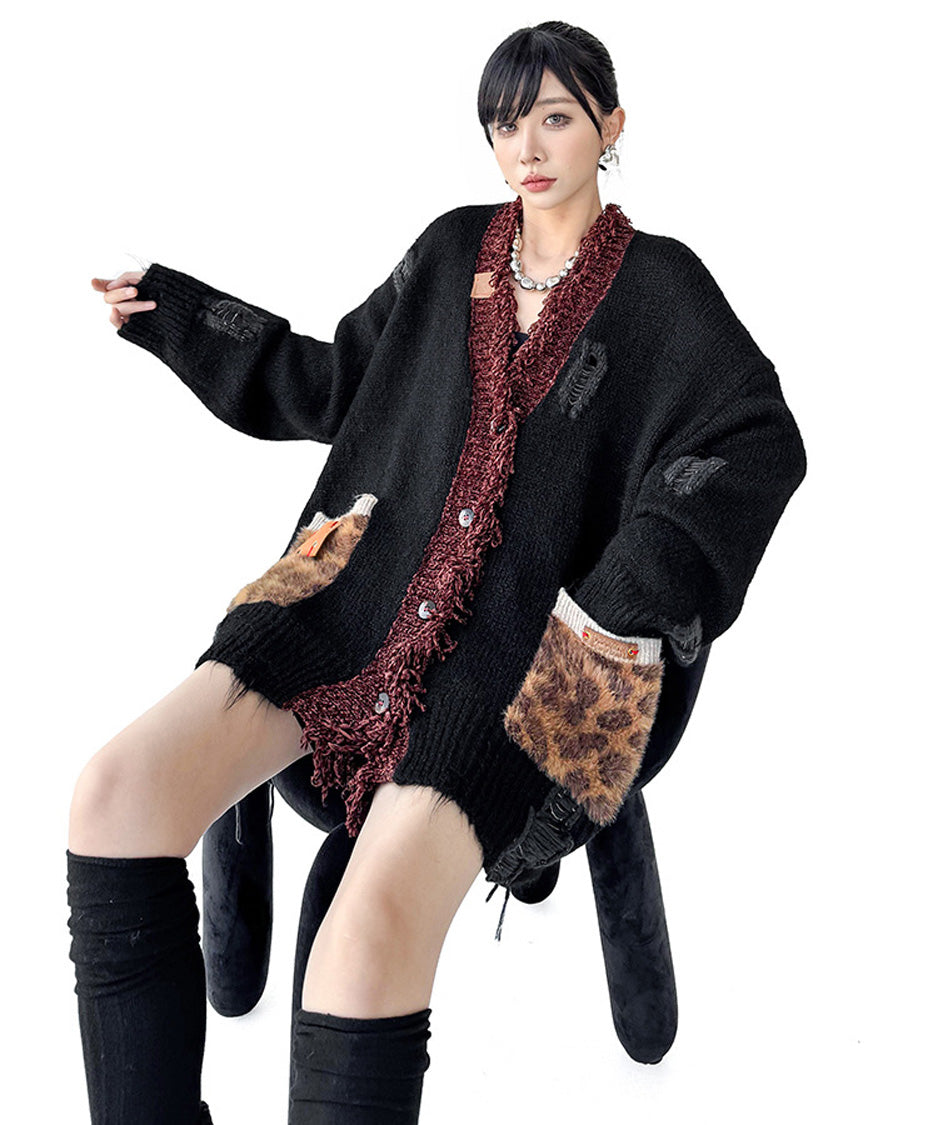 Fringe Patchwork Knit Cardigan