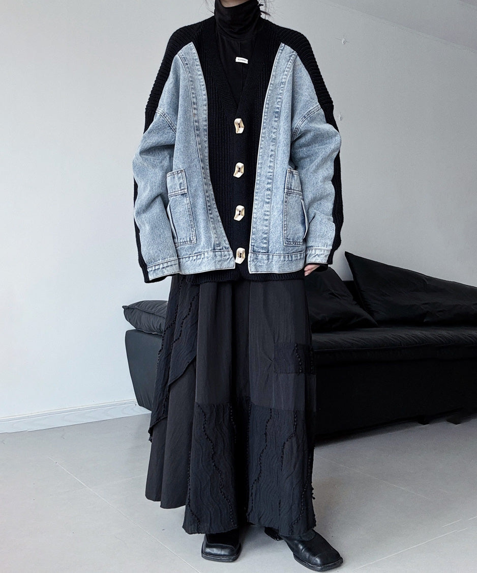Denim Panel Knit Cardigan