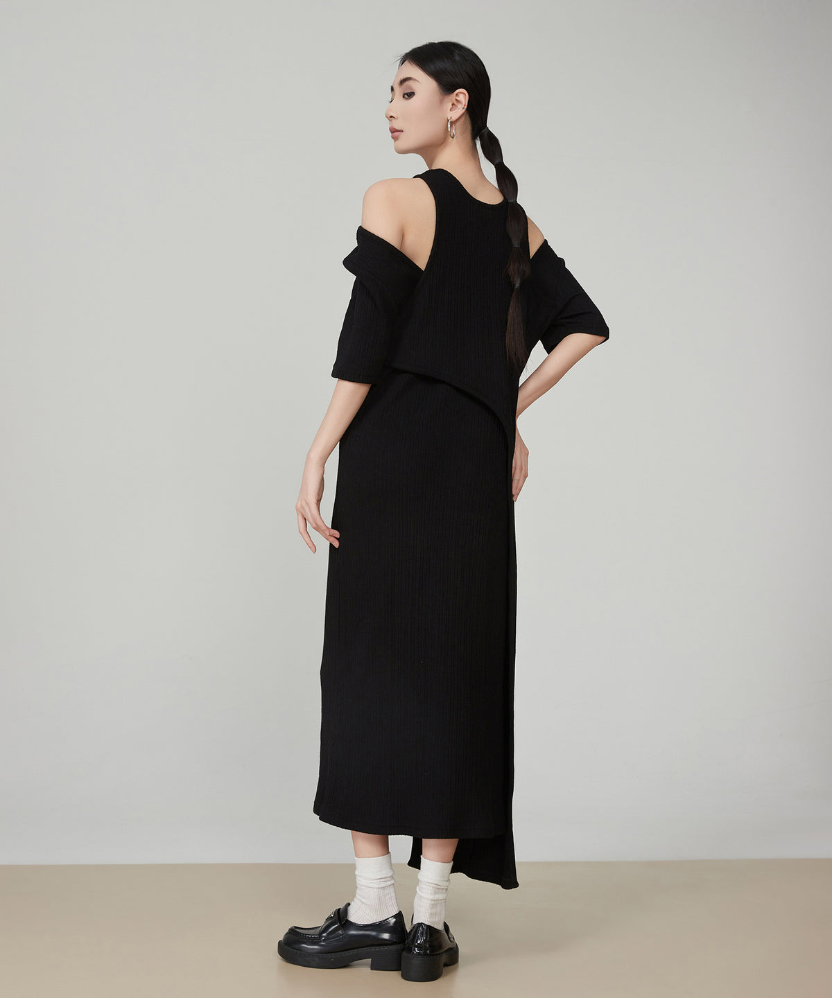 Shoulder-Slit Rib Dress
