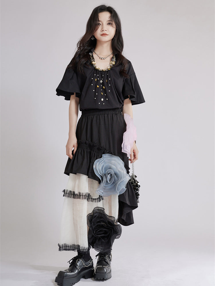 Beaded Collar Flare Blouse
