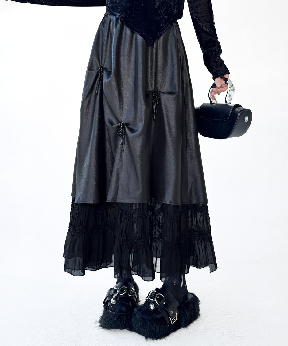 Glossy Gather Lace Hem Maxi Skirt