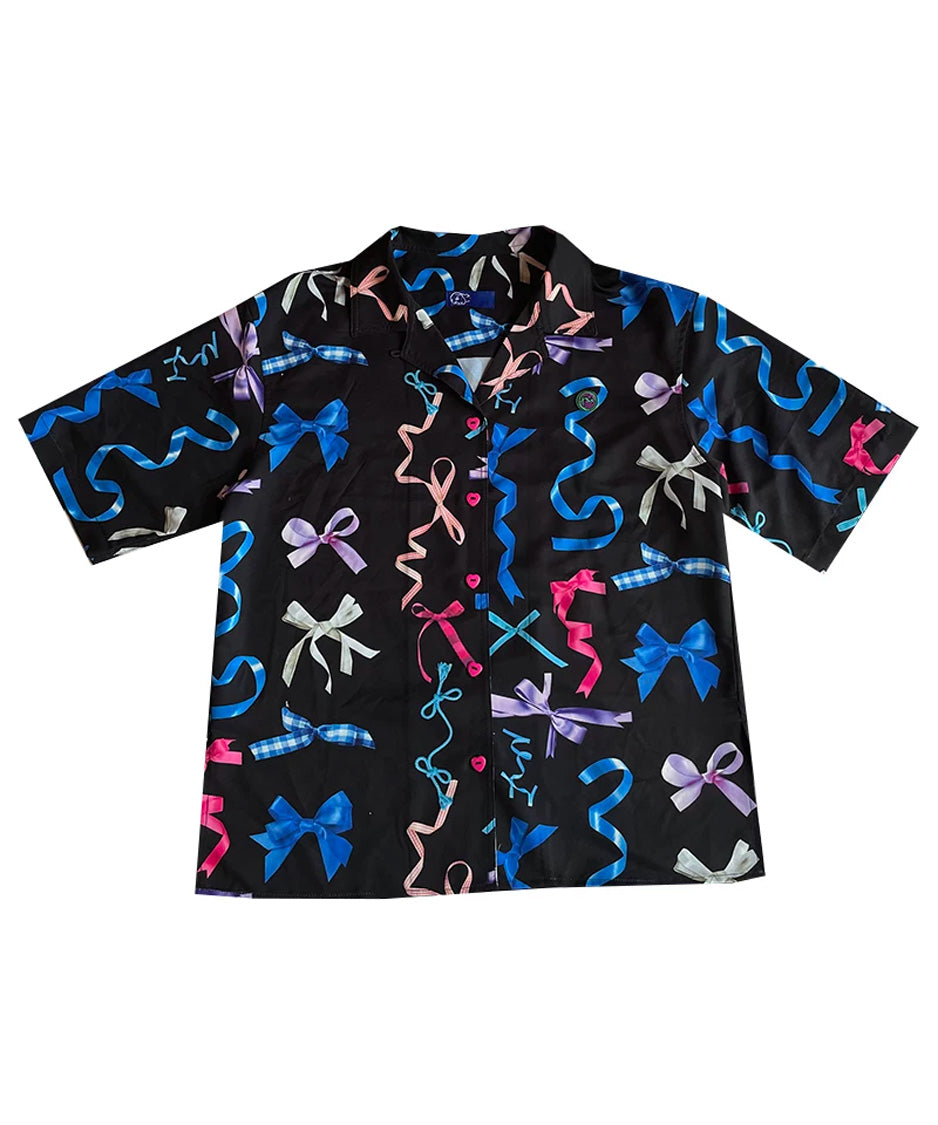 Ribbon Print Open Collar Blouse