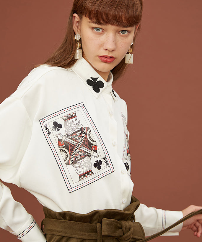 Card Print Collar Blouse