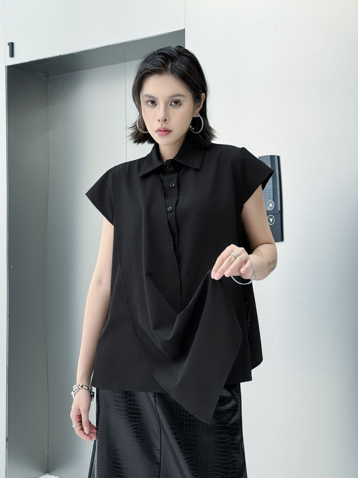 Drape Front Cap Sleeve Blouse