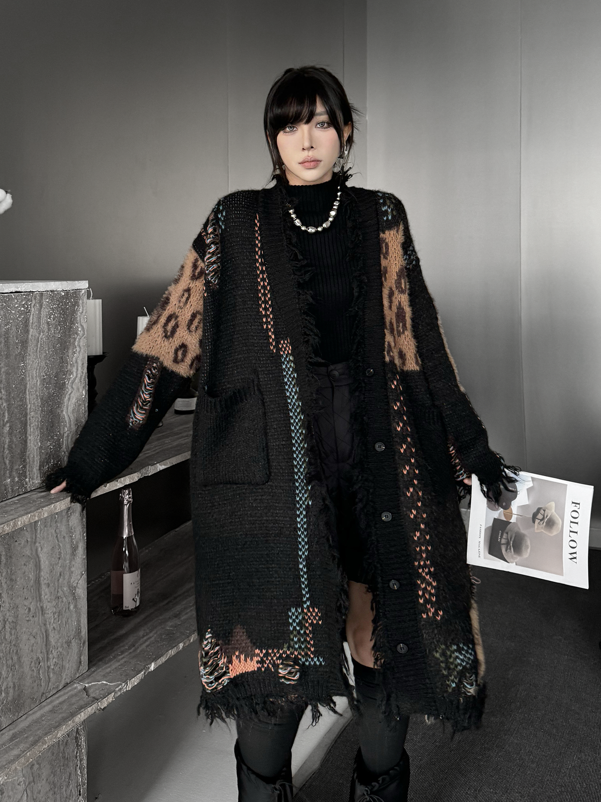 Frayed Leopard Patch Knit Cardigan