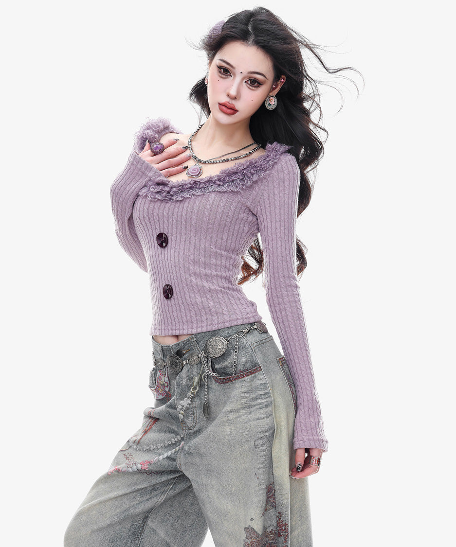 Frill Trim Rib Knit Top