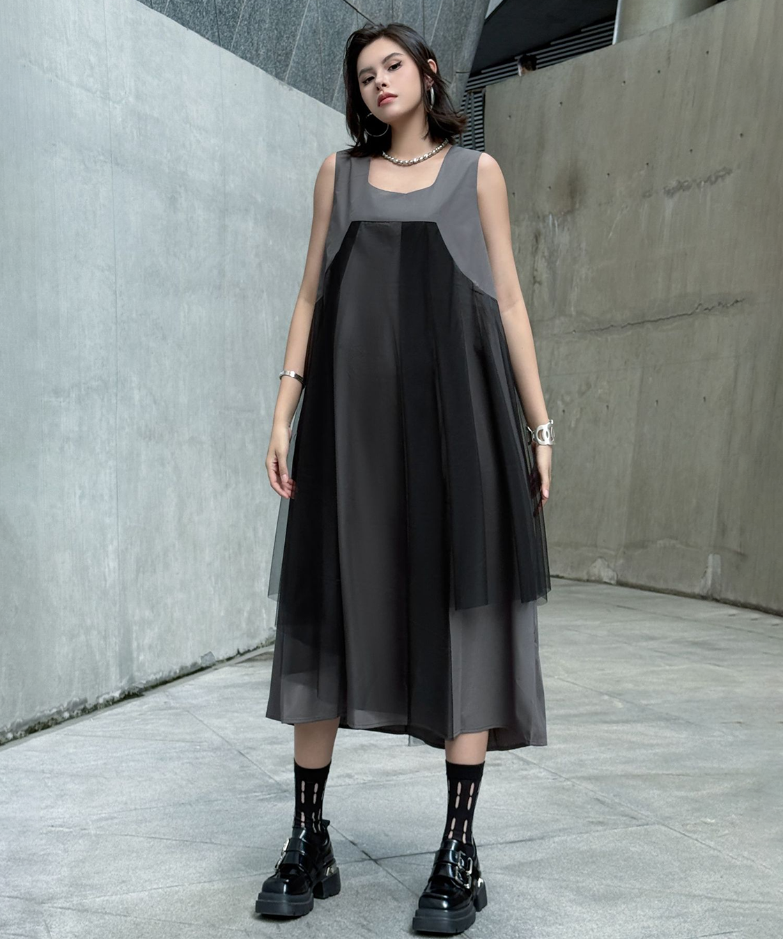 Layered Mesh Flare Dress