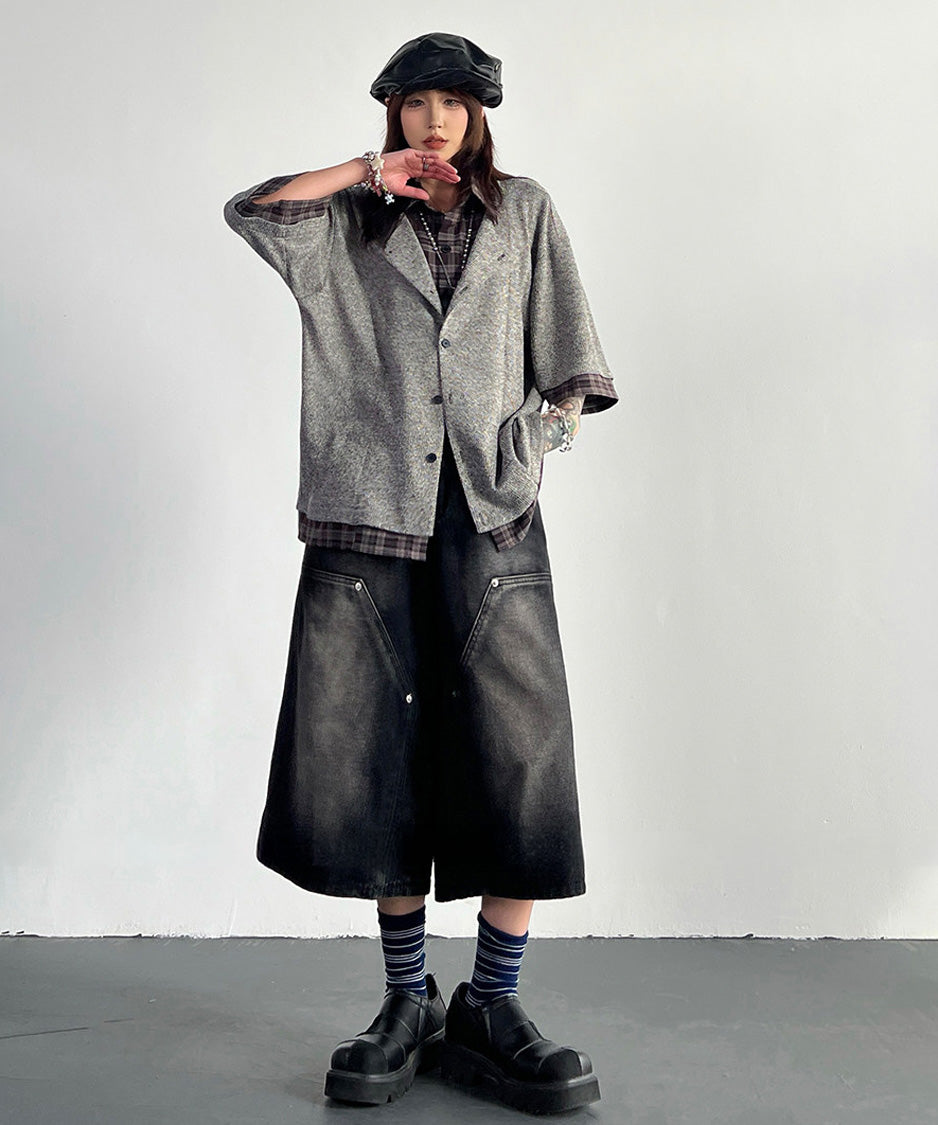 Grid Lapel Blouse