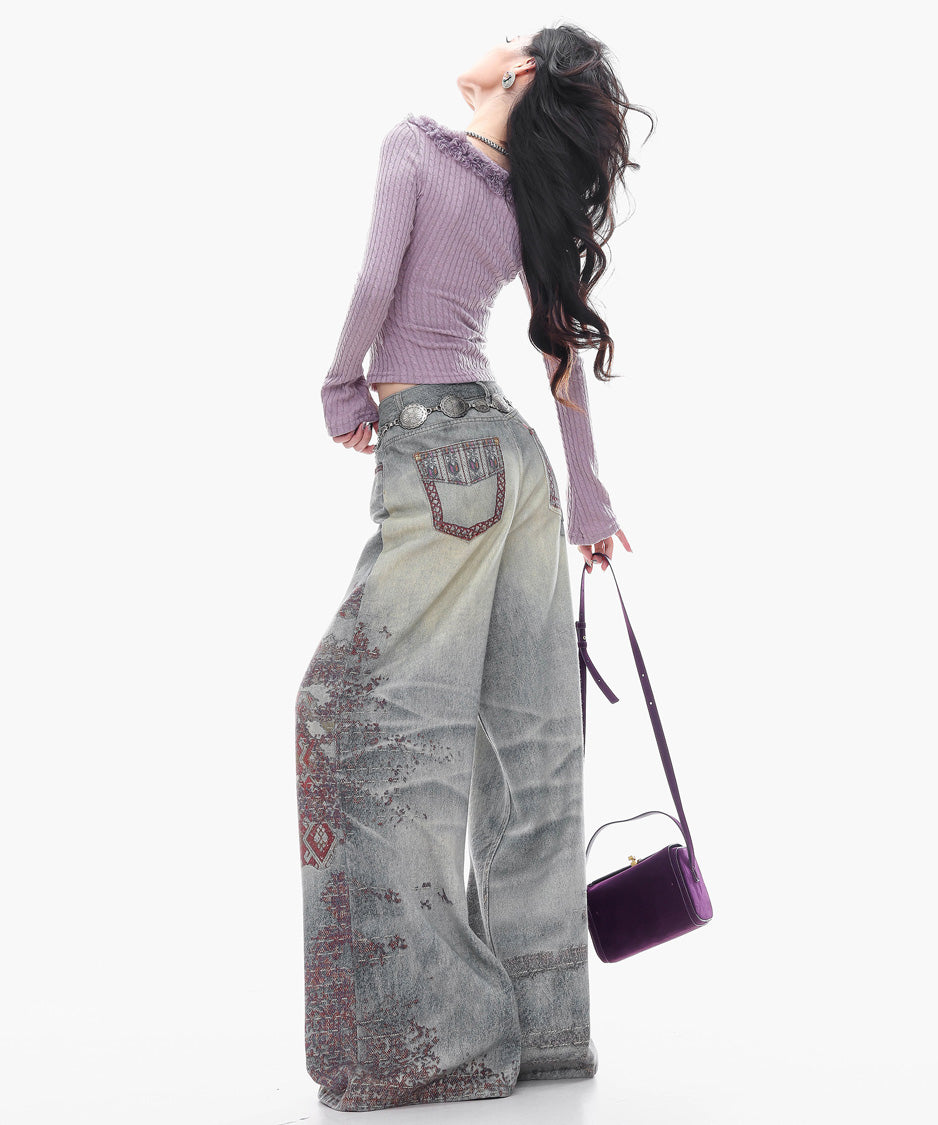 Ornament Washed Wide Denim Pants