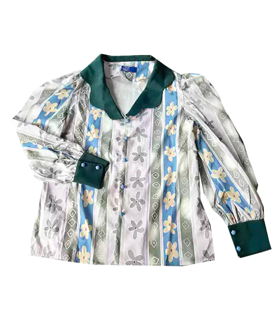 Floral Stripe Contrast Collar Blouse