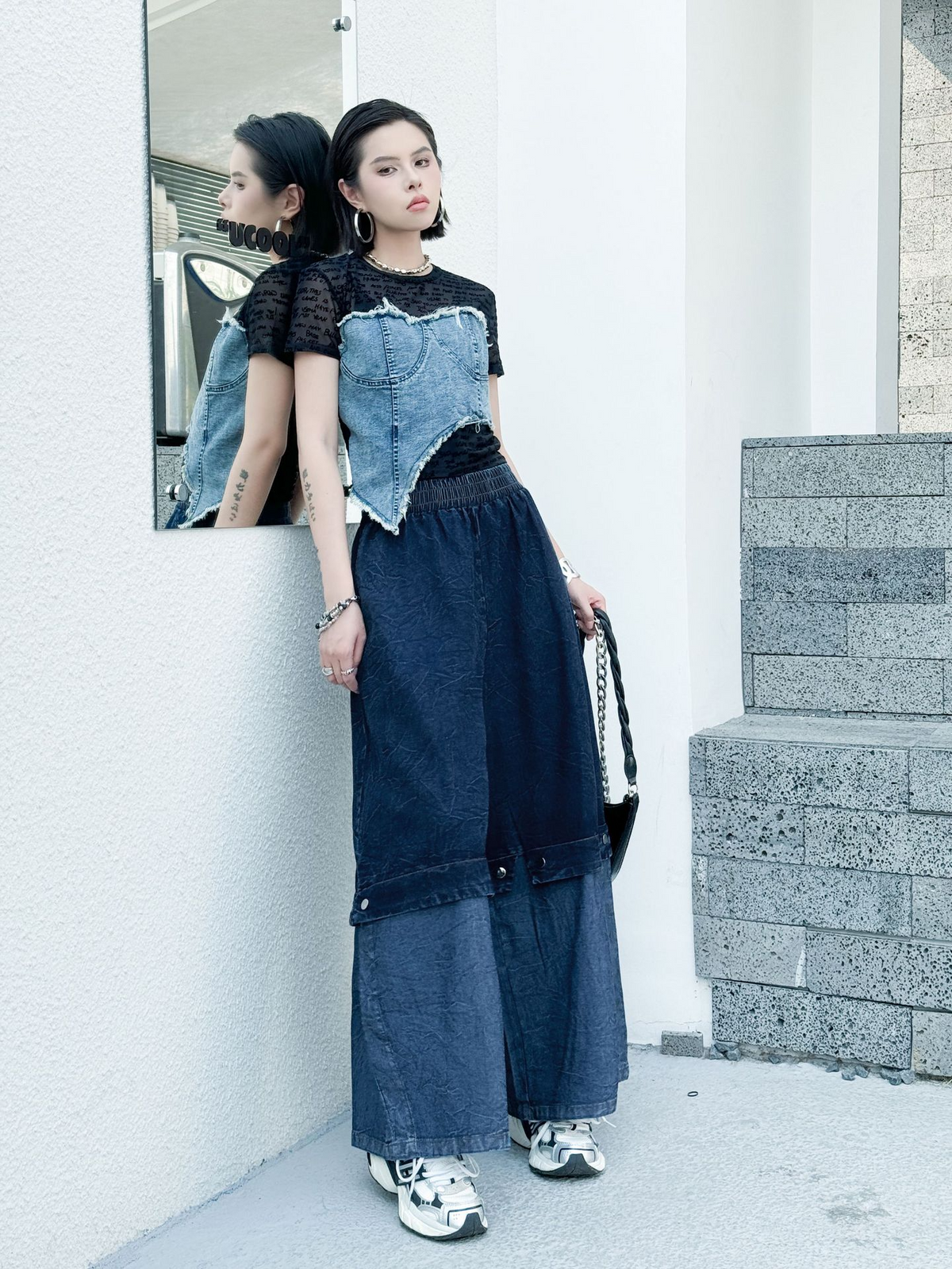 Two Tone Wide Denim Pants