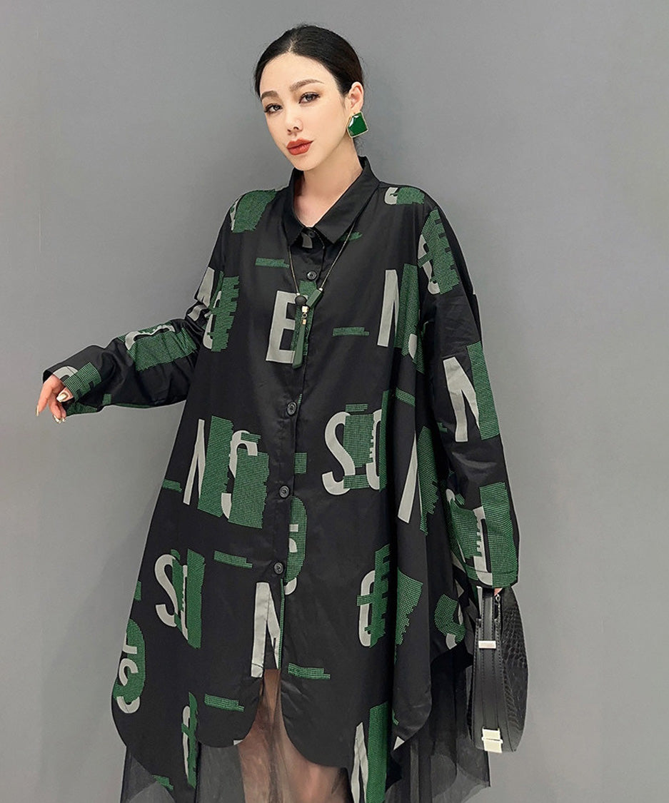 Abstract Letter Sheer Shirt Dress
