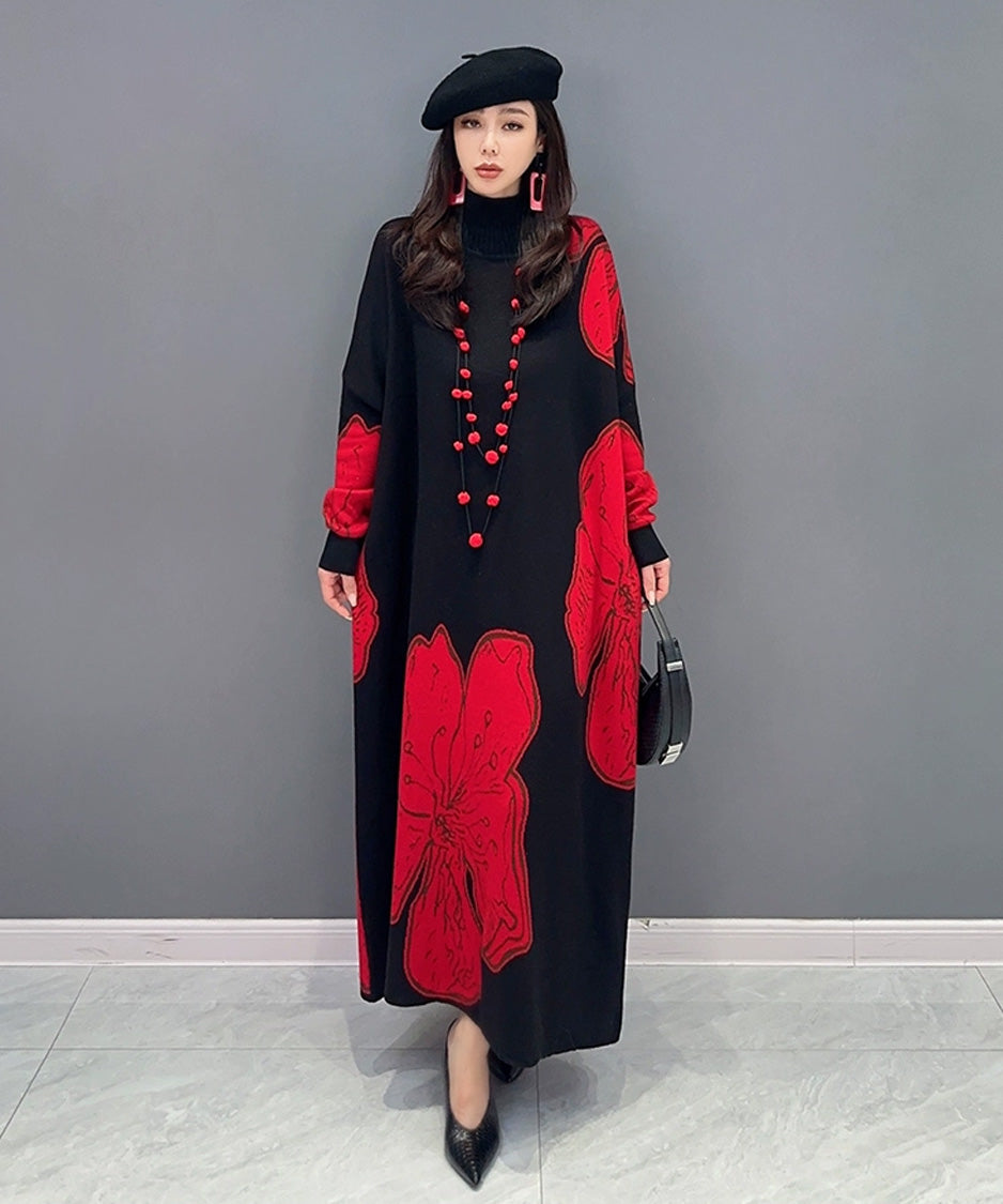 Floral Motif Knit Long Dress