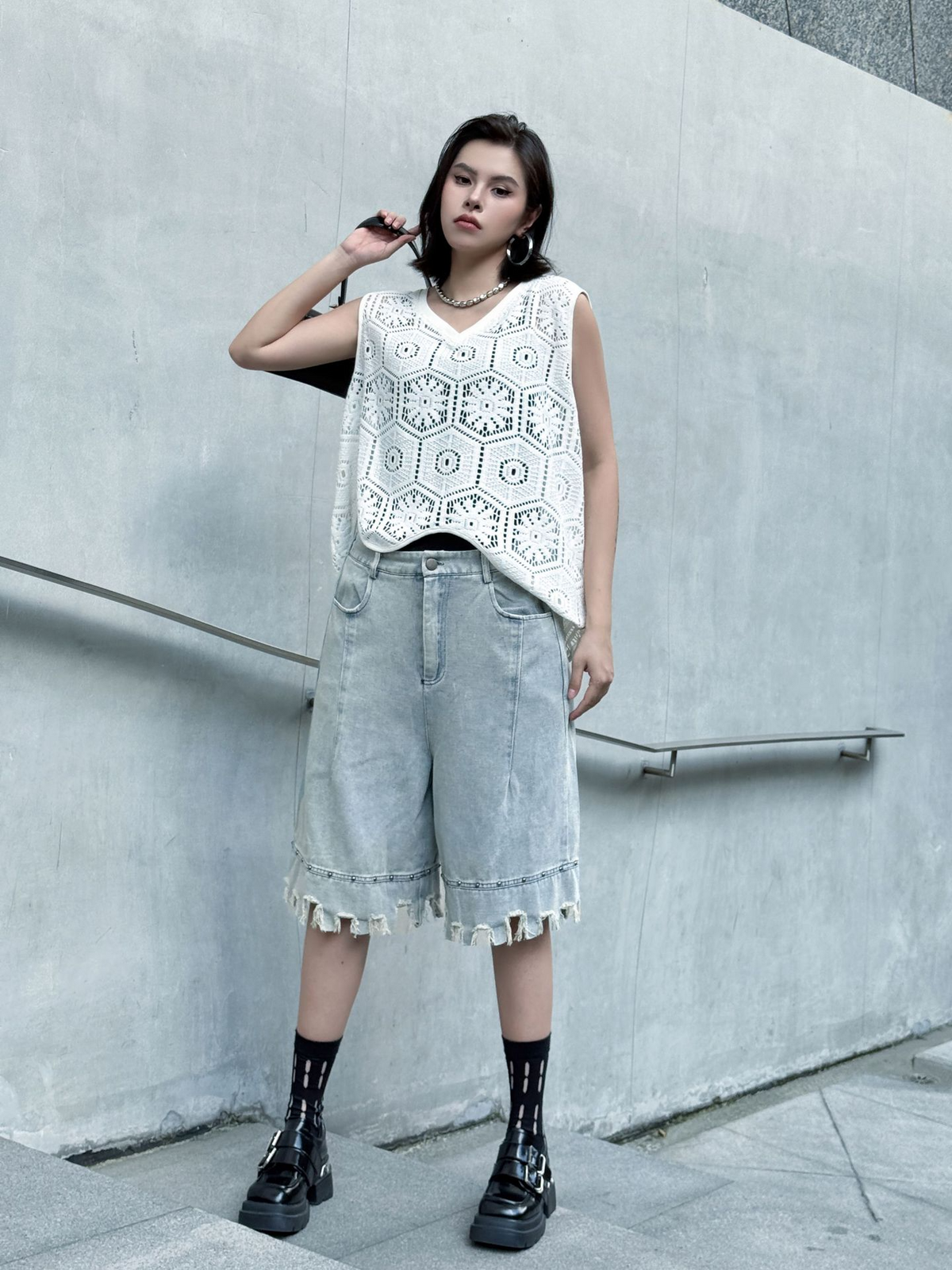 Raw Fringe Wide Denim Shorts