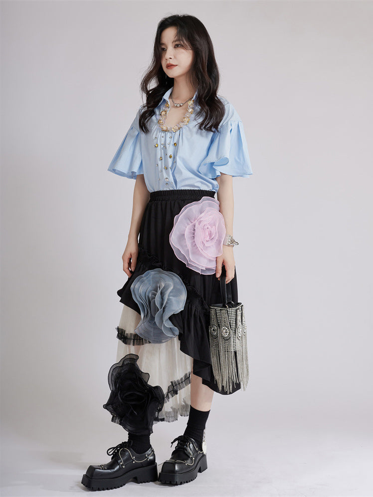 Beaded Collar Flare Blouse