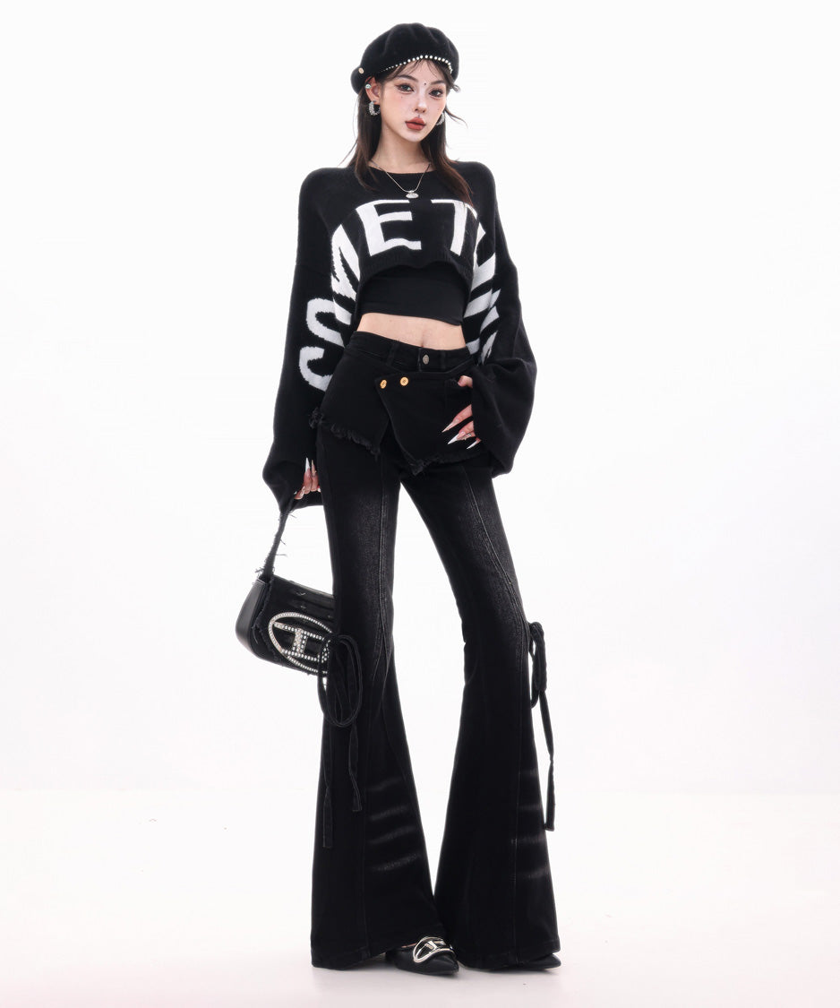 Wrap Layer Lace-Up Flare Denim Pants