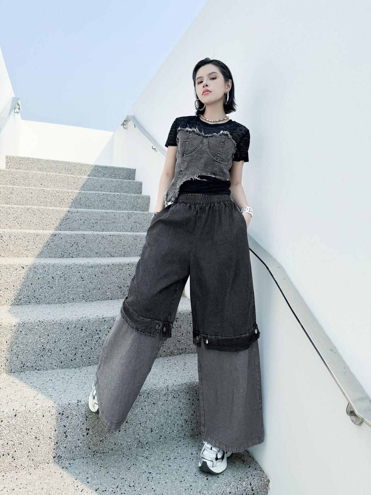 Two Tone Wide Denim Pants
