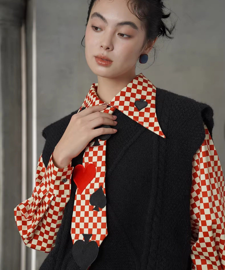 Checker Emblem Collar Blouse