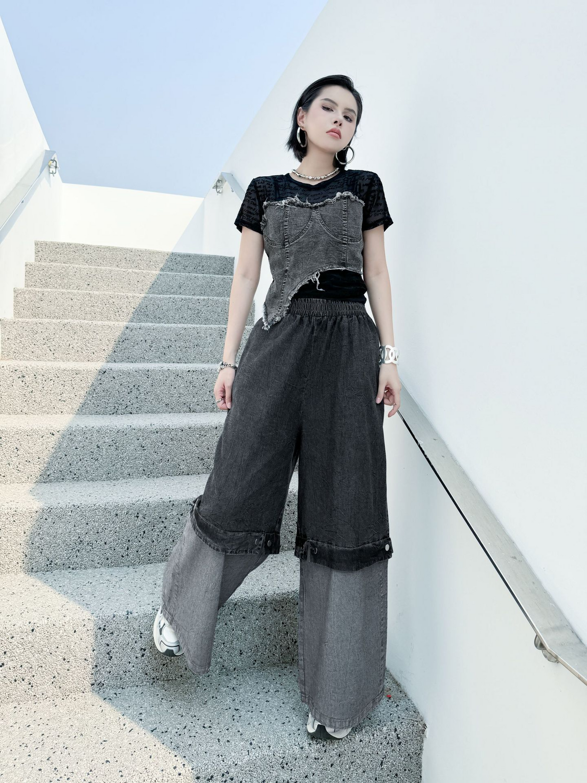 Two Tone Wide Denim Pants