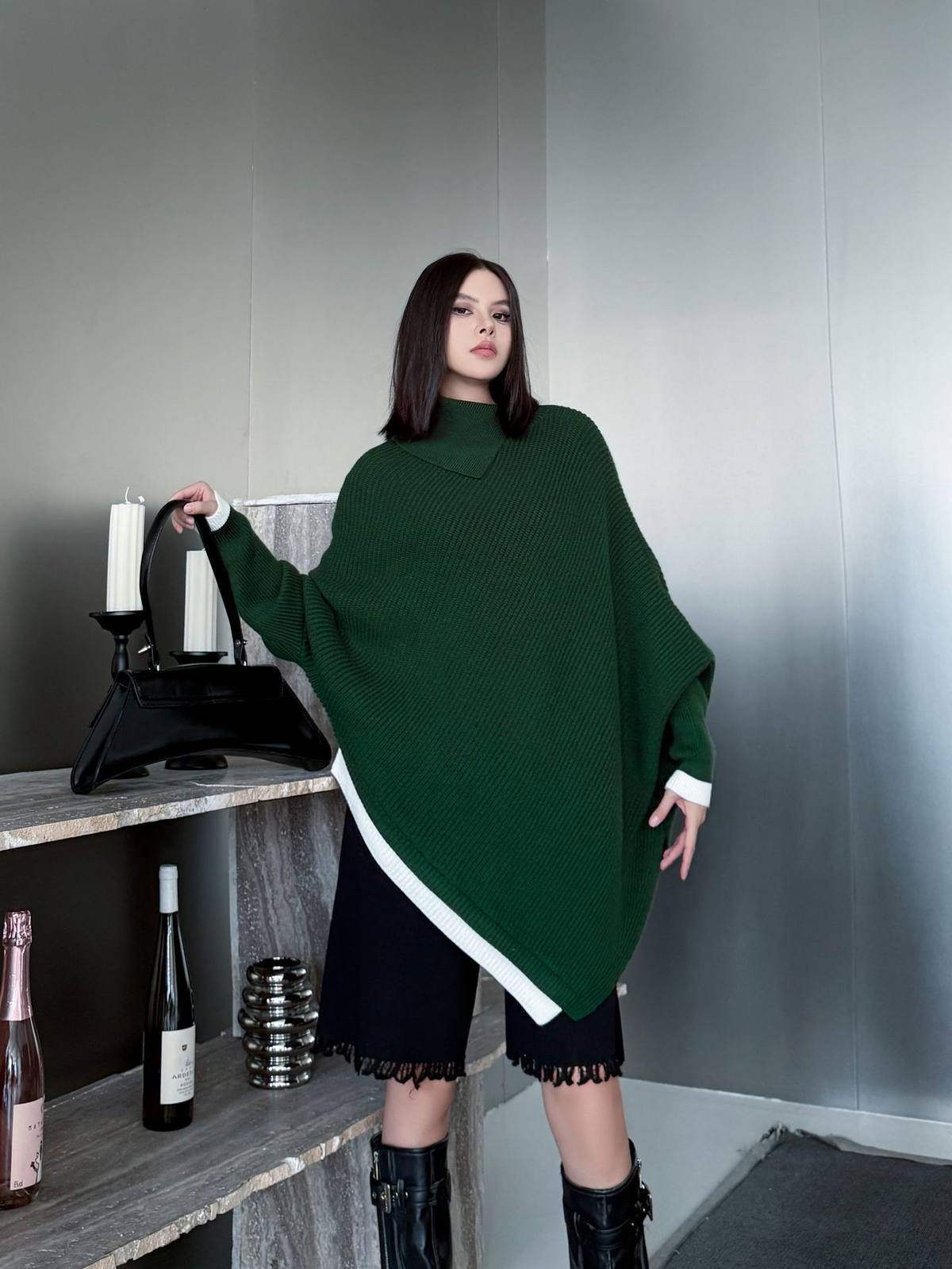 Diagonal Knit Poncho Top