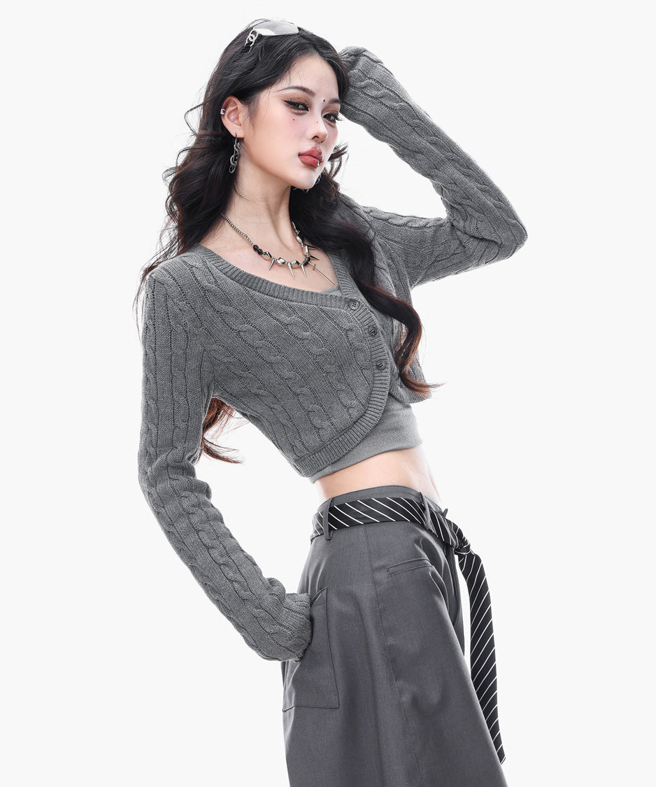 Cable Cropped Curve Cardigan