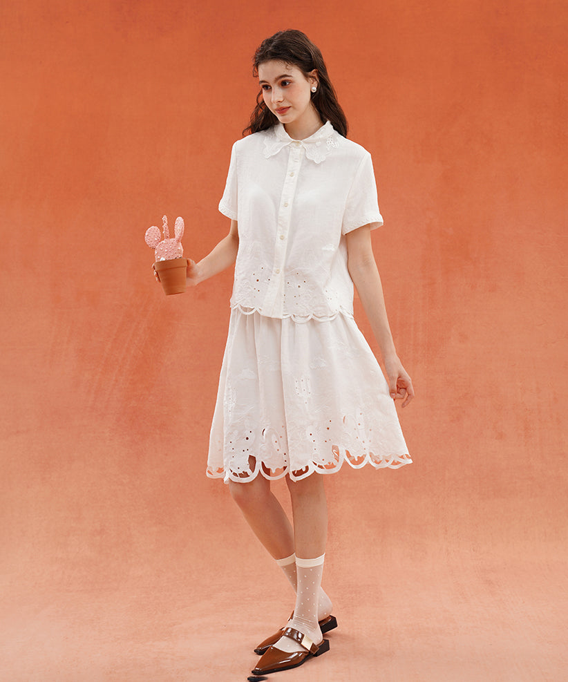 Embroidered Collar Short Sleeve Blouse