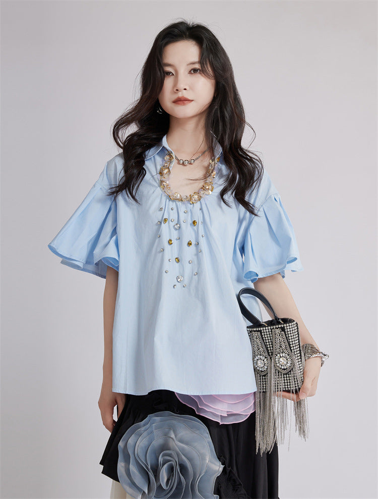 Beaded Collar Flare Blouse