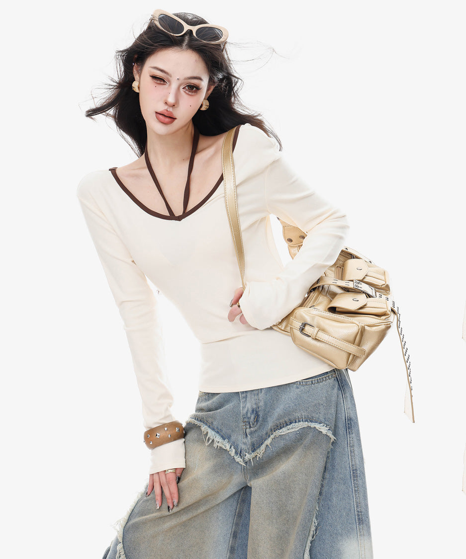 Back Line Strap V Neck Top