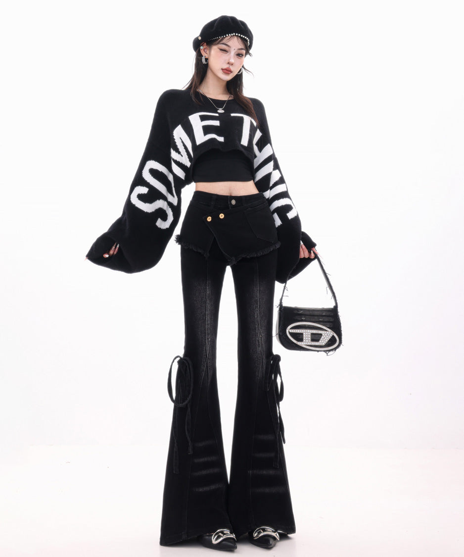 Wrap Layer Lace-Up Flare Denim Pants