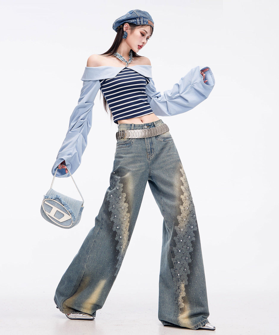 Crystal Dust Washed Wide Denim Pants