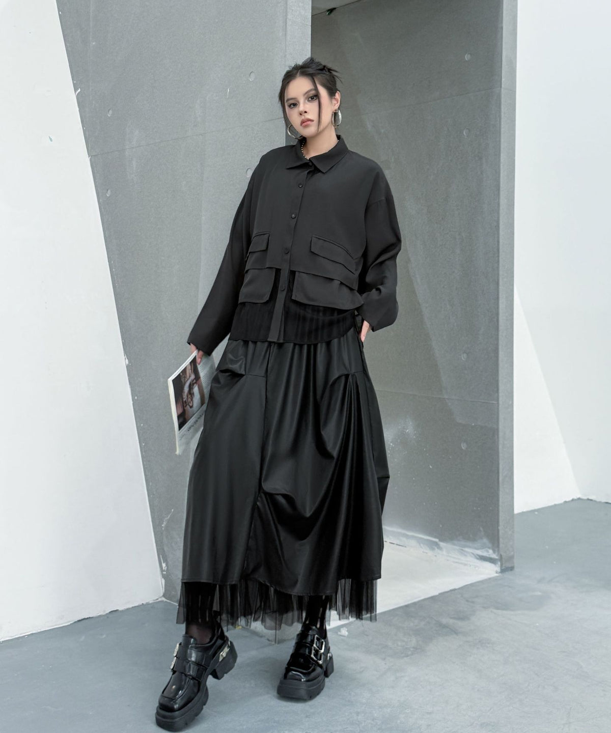 Layered Pocket Mesh Blouse