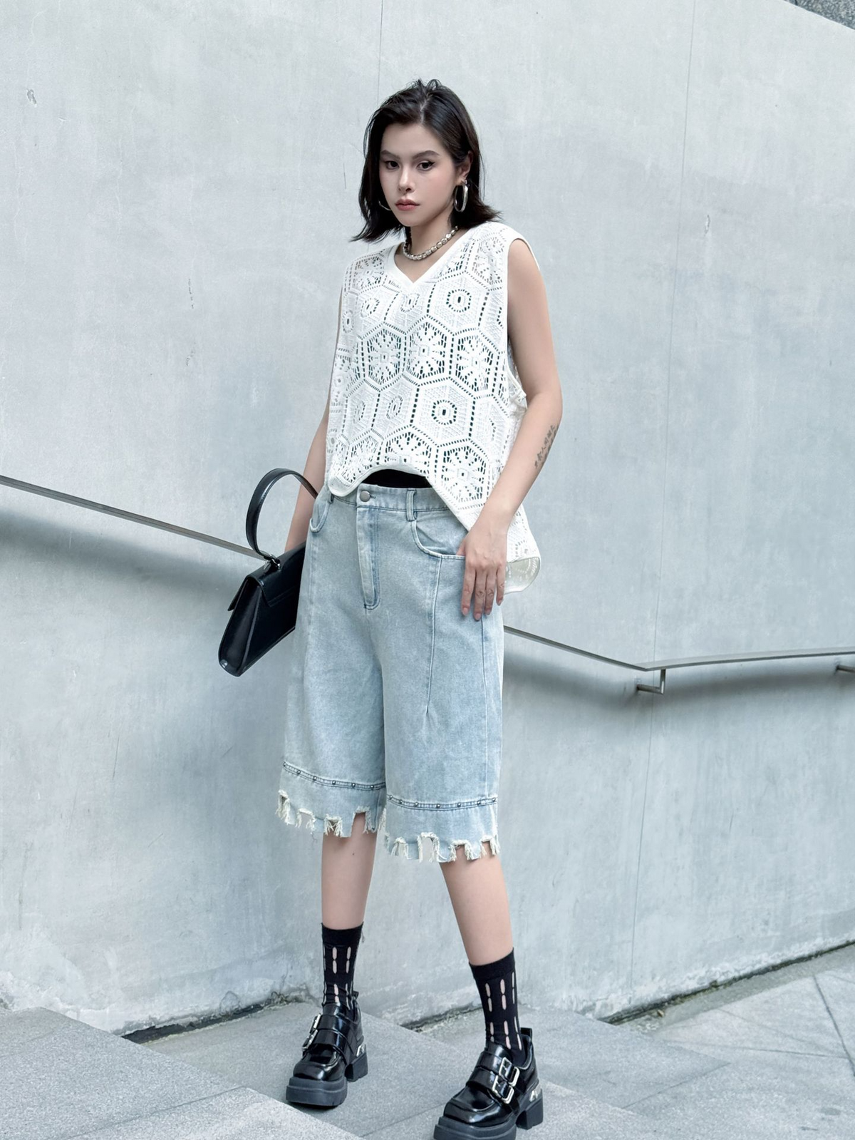 Raw Fringe Wide Denim Shorts