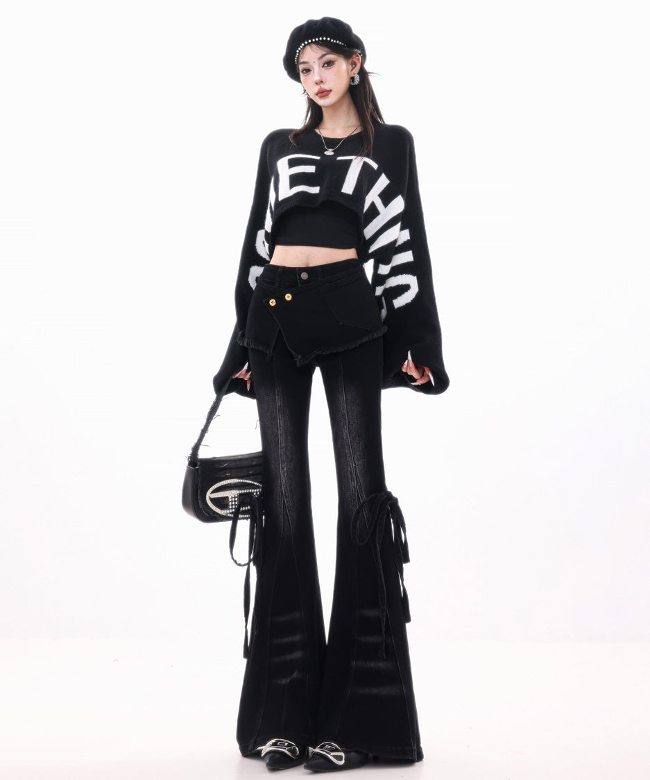 Wrap Layer Lace-Up Flare Denim Pants