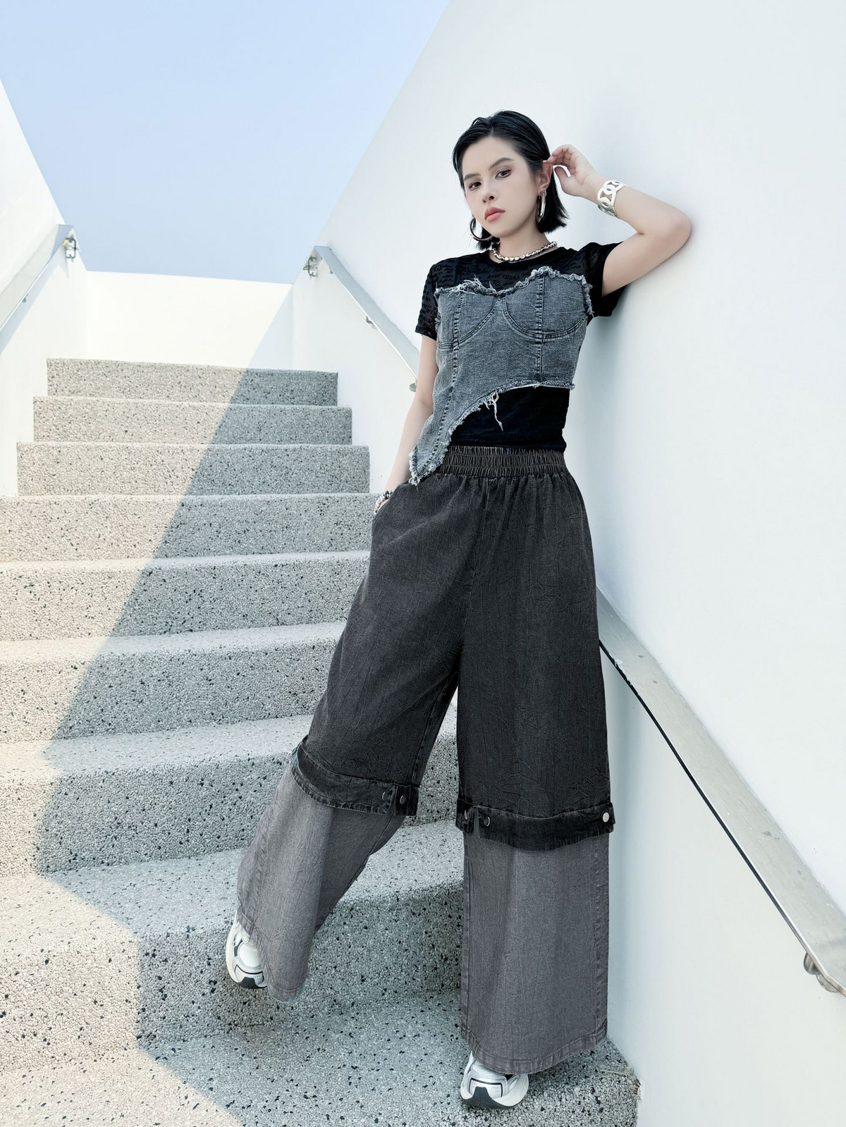 Two Tone Wide Denim Pants