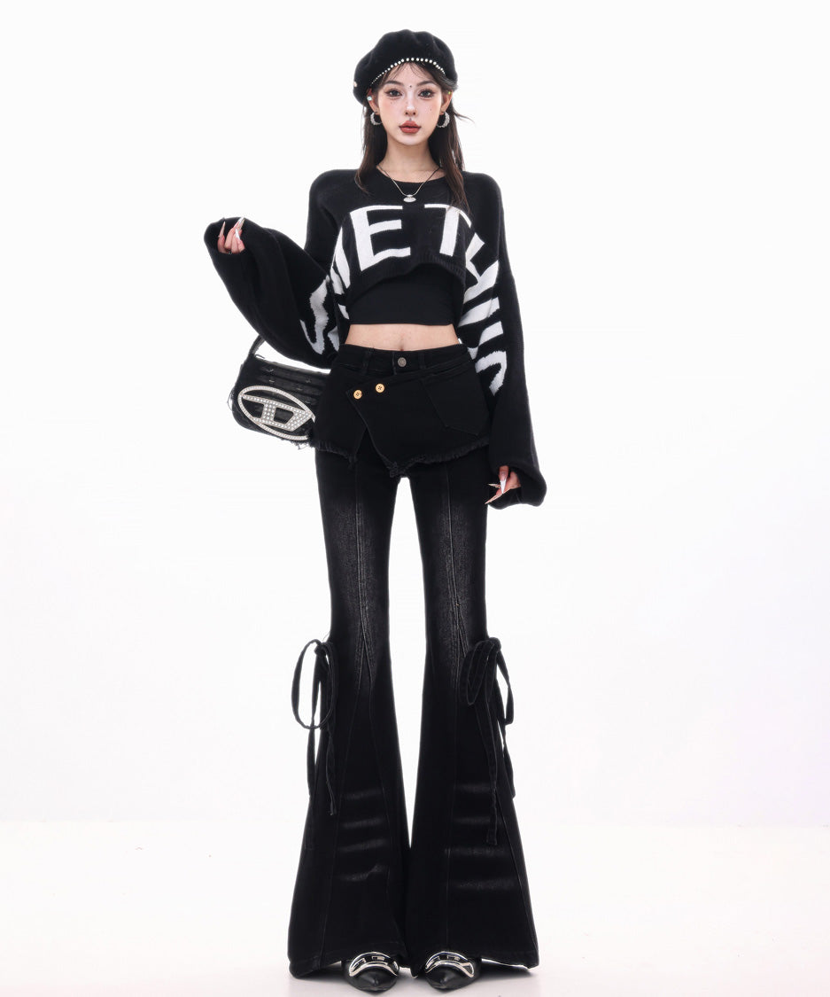 Wrap Layer Lace-Up Flare Denim Pants