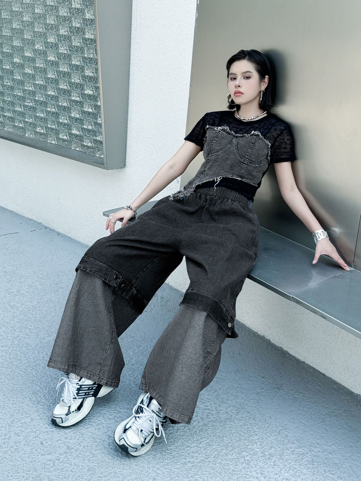 Two Tone Wide Denim Pants